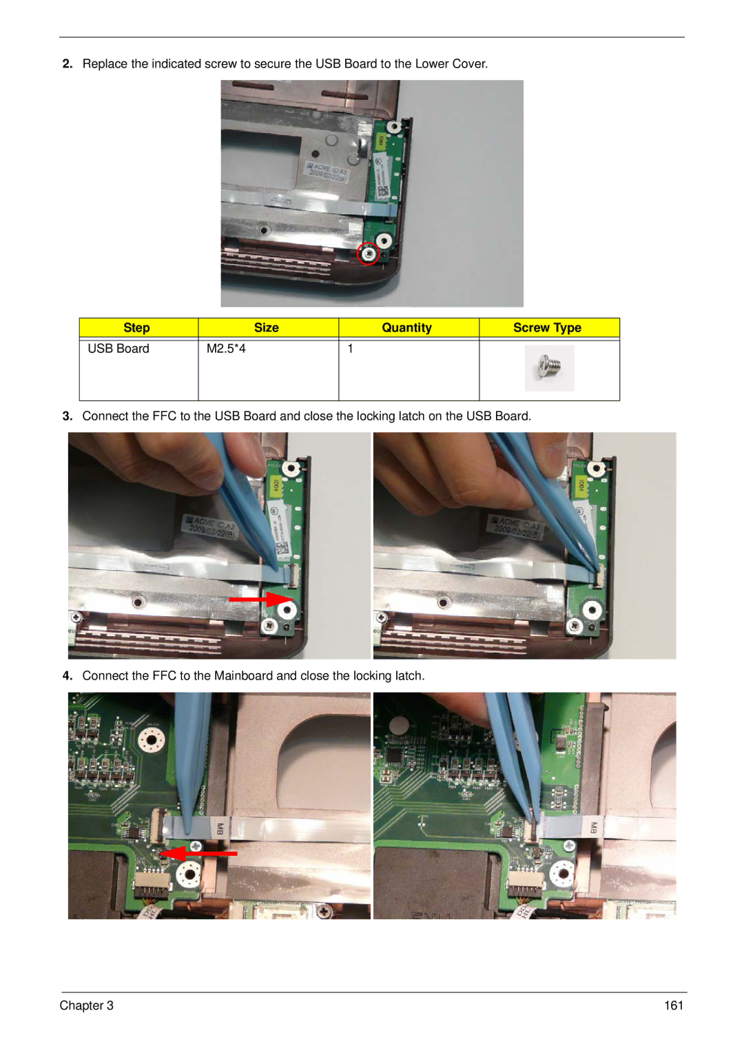 Acer 8935G manual Step Size Quantity Screw Type USB Board M2.5*4 