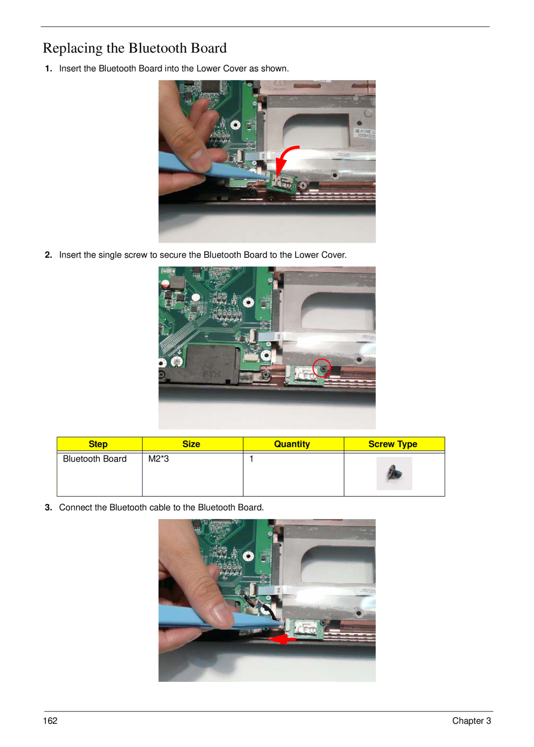 Acer 8935G manual Replacing the Bluetooth Board, Connect the Bluetooth cable to the Bluetooth Board 