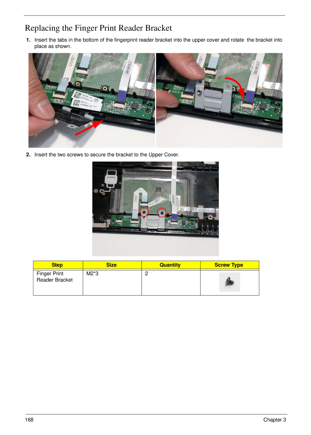 Acer 8935G manual Replacing the Finger Print Reader Bracket, Finger Print M2*3 Reader Bracket 