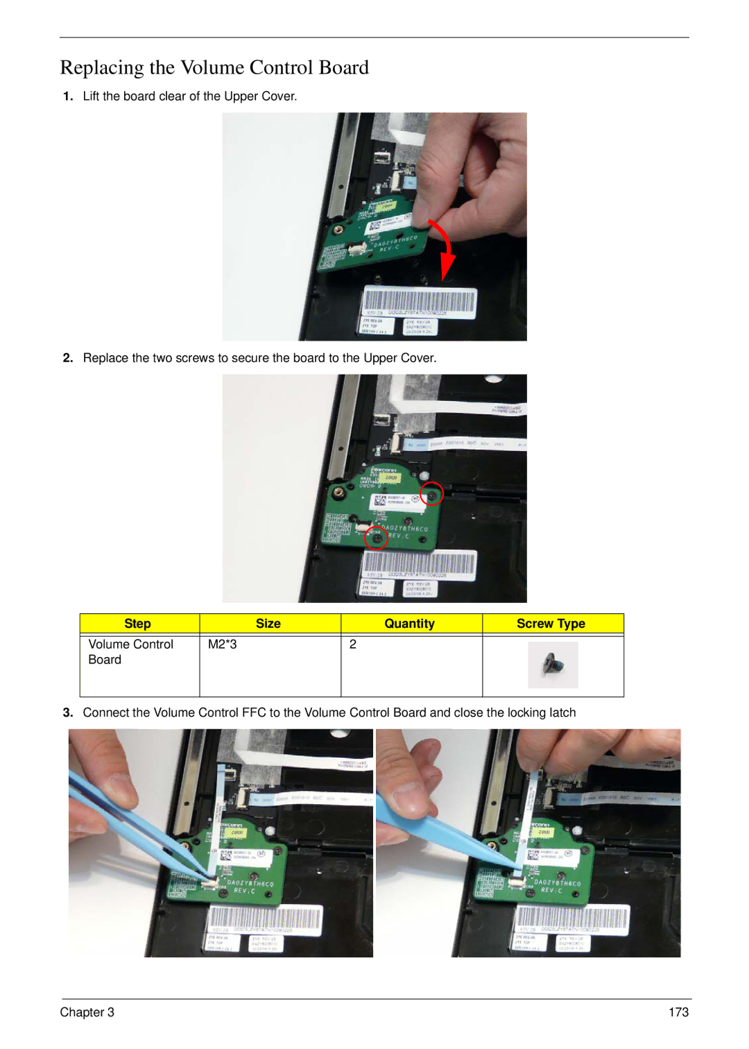 Acer 8935G manual Replacing the Volume Control Board, Step Size Quantity Screw Type 