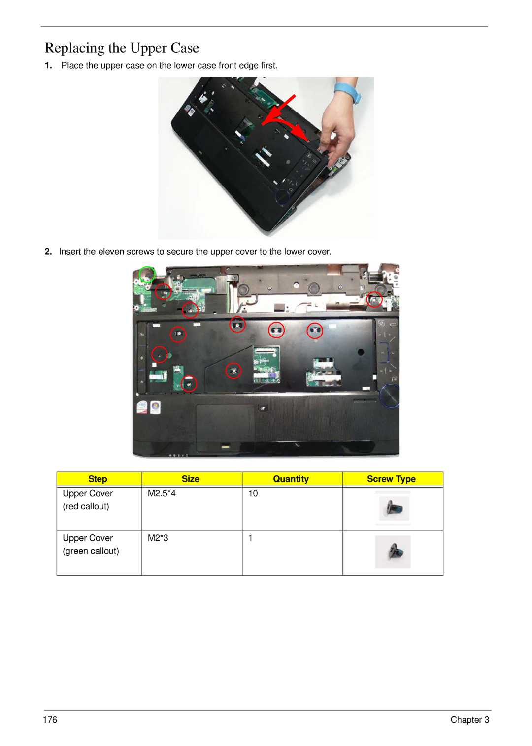 Acer 8935G manual Replacing the Upper Case, Upper Cover M2.5*4 Red callout M2*3 Green callout 