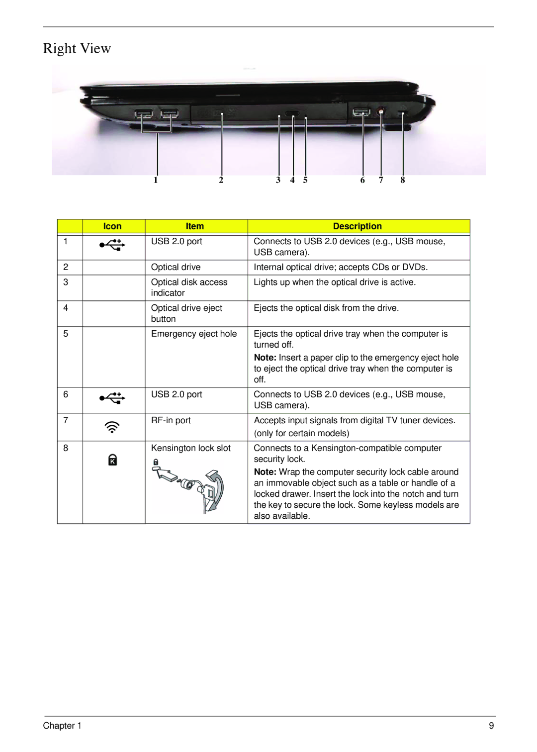 Acer 8935G manual Right View, Optical drive eject, Also available Chapter 