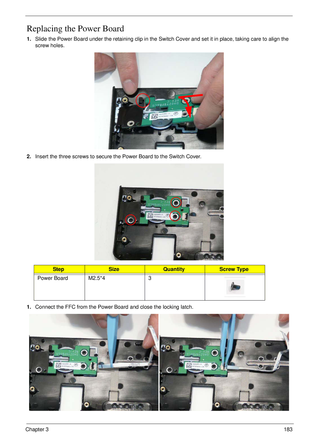 Acer 8935G manual Replacing the Power Board, Step Size Quantity Screw Type Power Board M2.5*4 