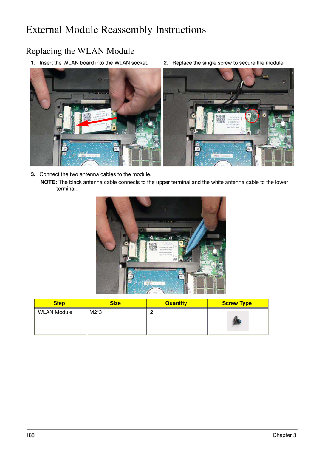 Acer 8935G External Module Reassembly Instructions, Replacing the Wlan Module, Insert the Wlan board into the Wlan socket 