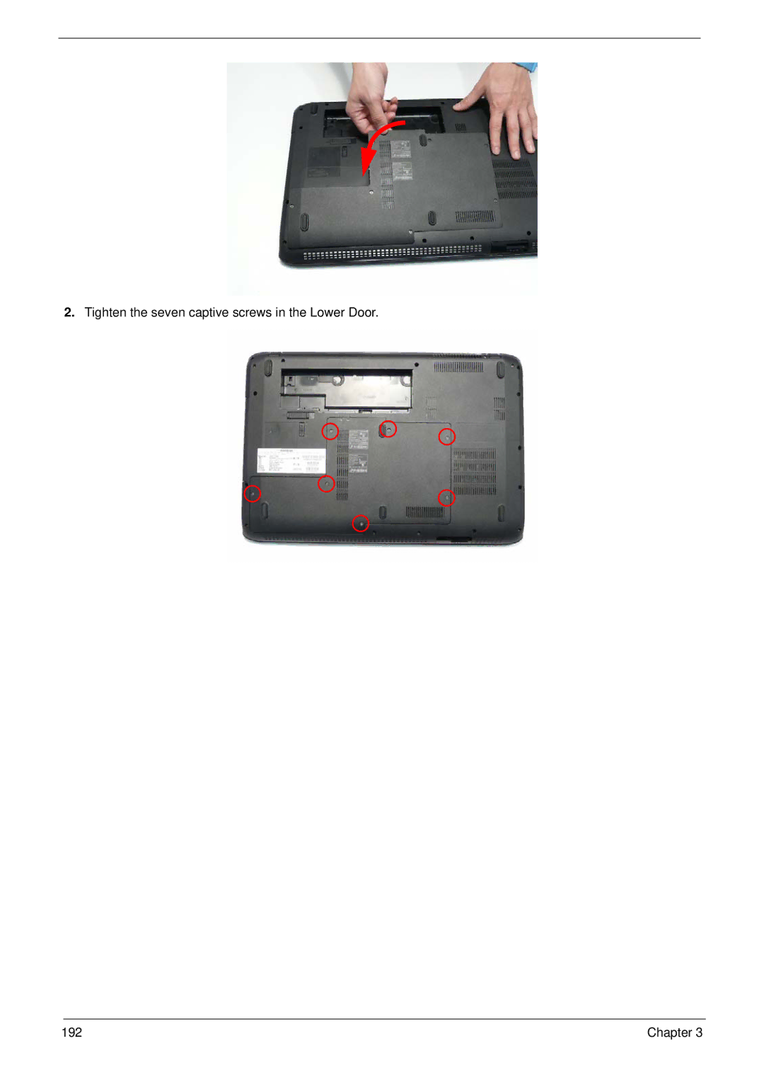 Acer 8935G manual Tighten the seven captive screws in the Lower Door 