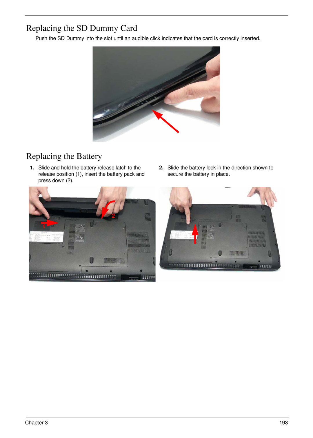 Acer 8935G manual Replacing the SD Dummy Card, Replacing the Battery 