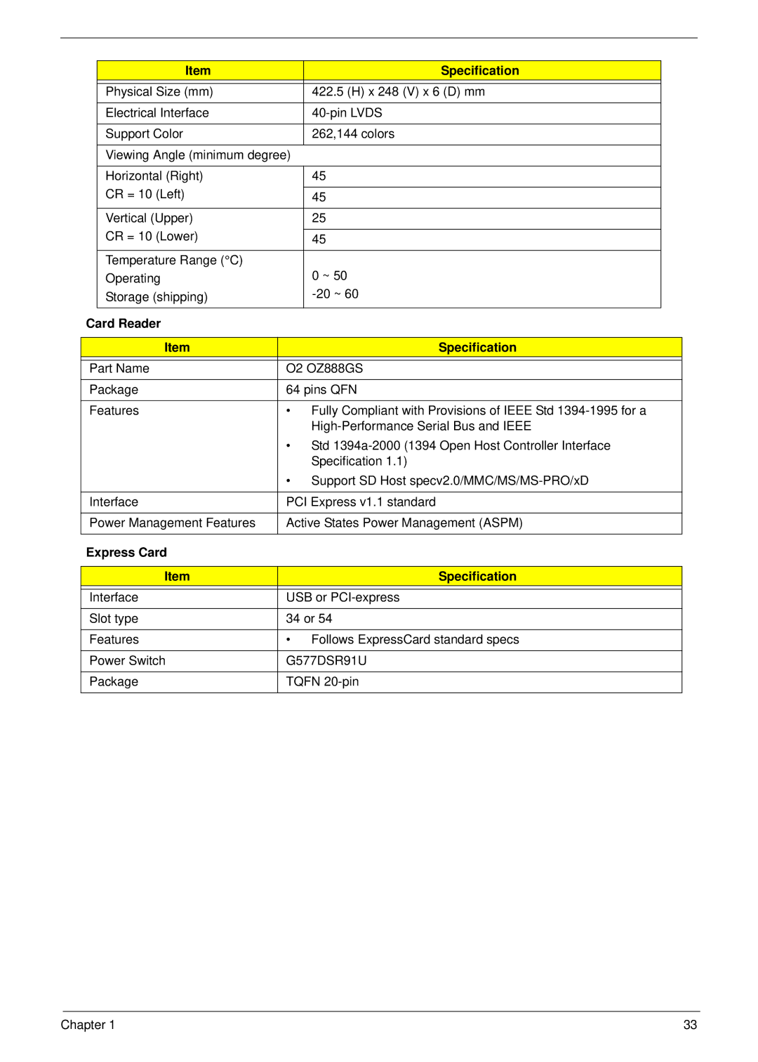 Acer 8935G manual Card Reader Specification, Express Card Specification 