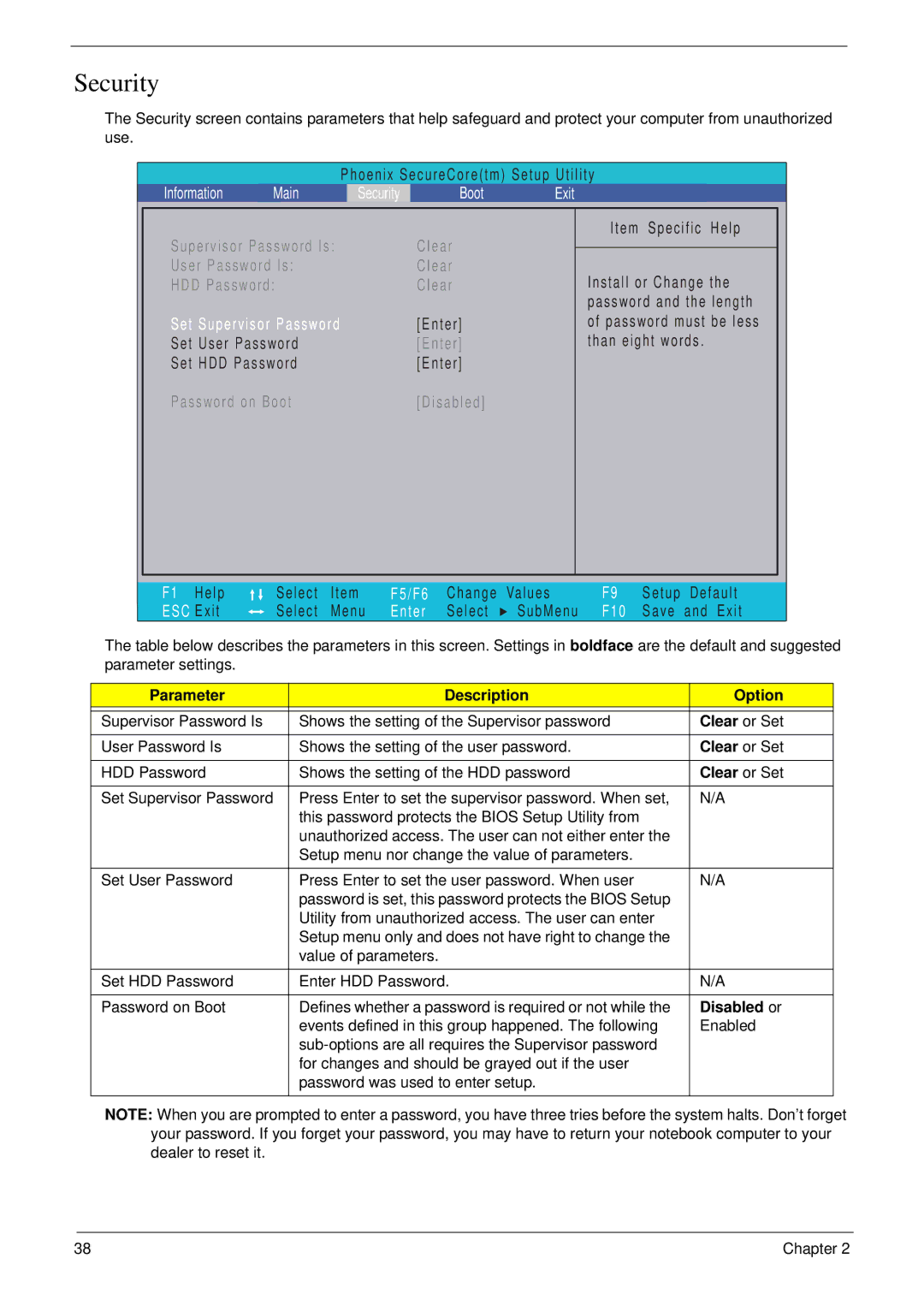 Acer 8935G manual Security, Parameter Description Option, Clear or Set, Disabled or 