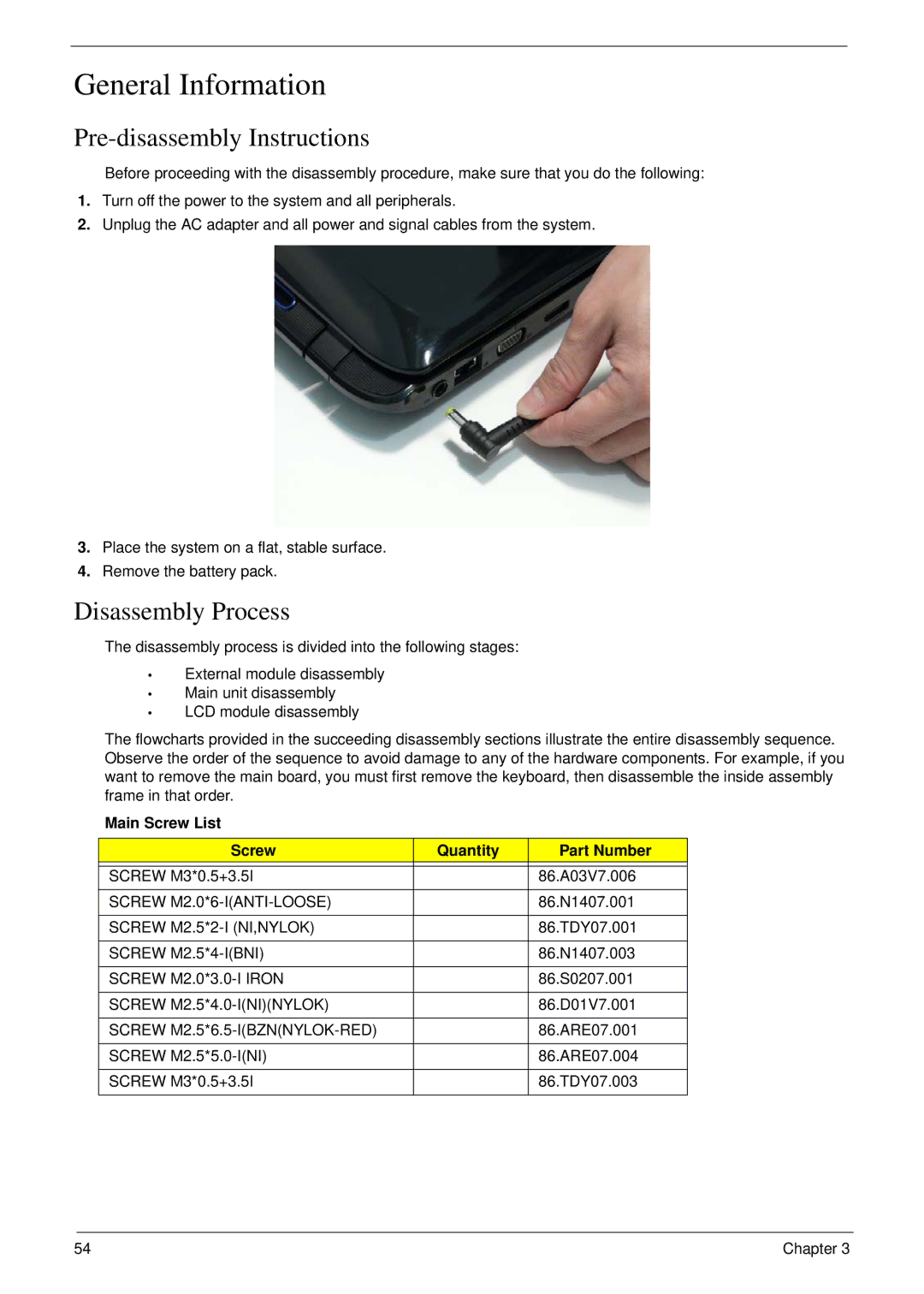 Acer 8935G General Information, Pre-disassembly Instructions, Disassembly Process, Main Screw List Quantity Part Number 