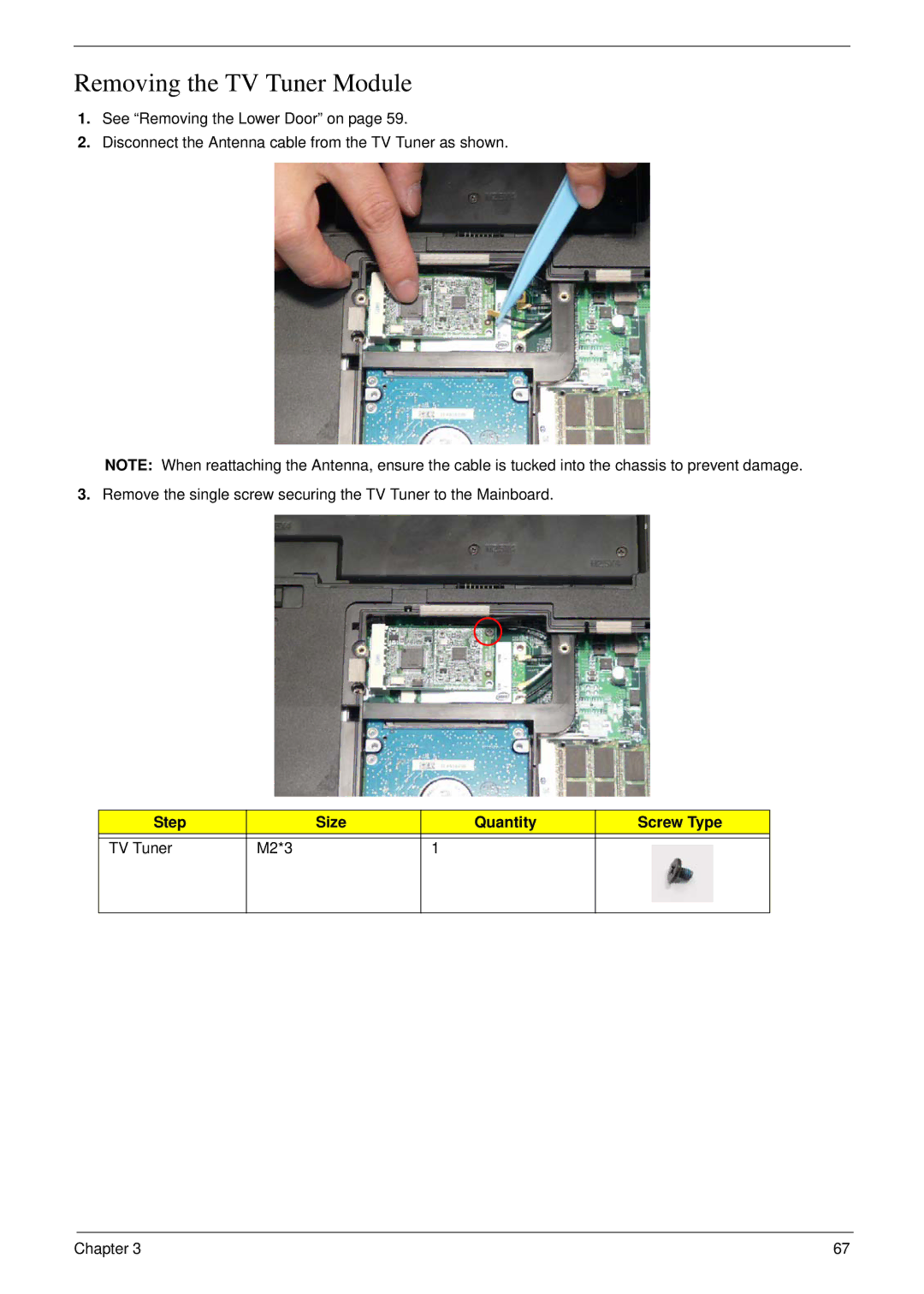 Acer 8935G manual Removing the TV Tuner Module, Step Size Quantity Screw Type TV Tuner M2*3 