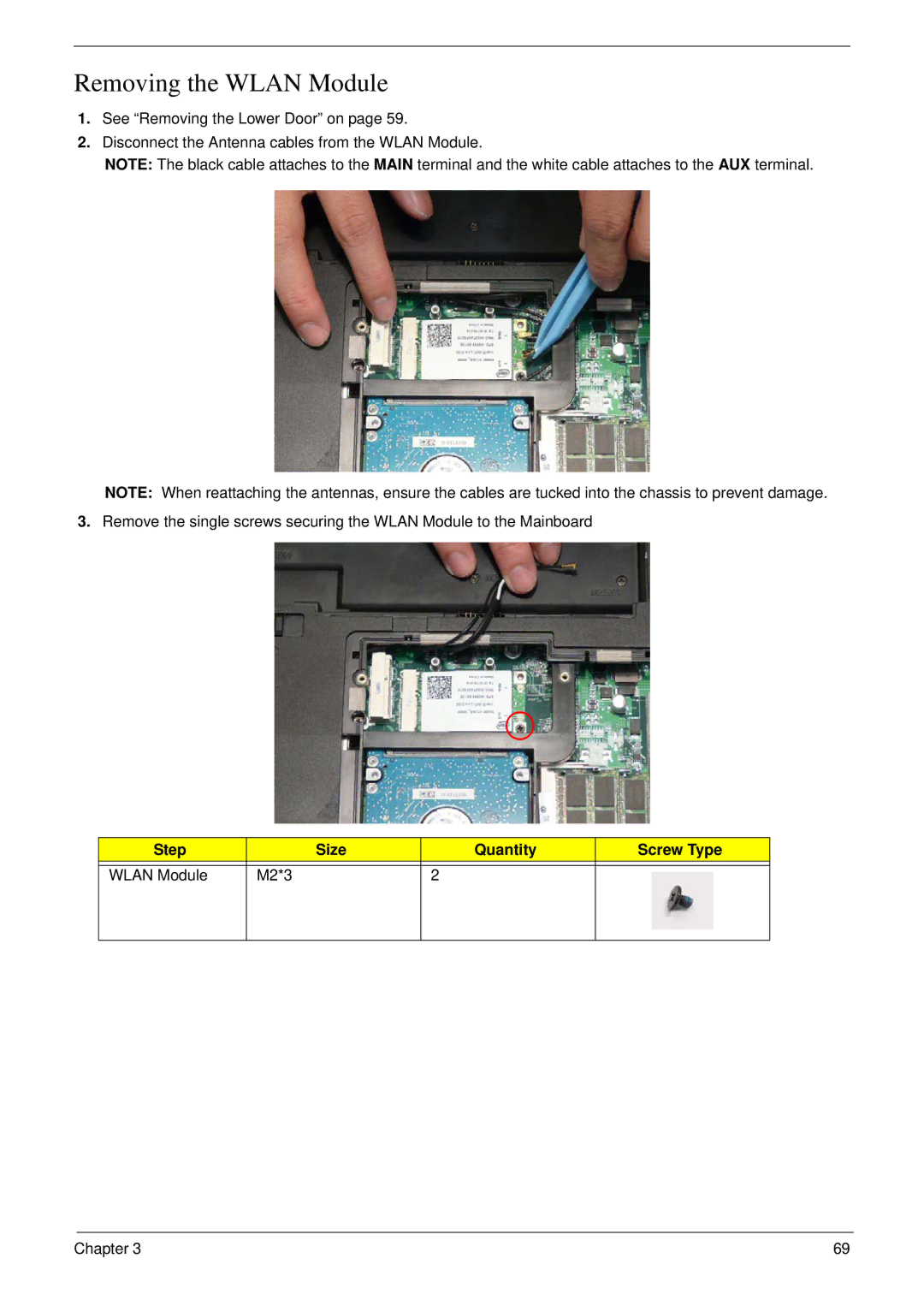 Acer 8935G manual Removing the Wlan Module, Step Size Quantity Screw Type Wlan Module M2*3 