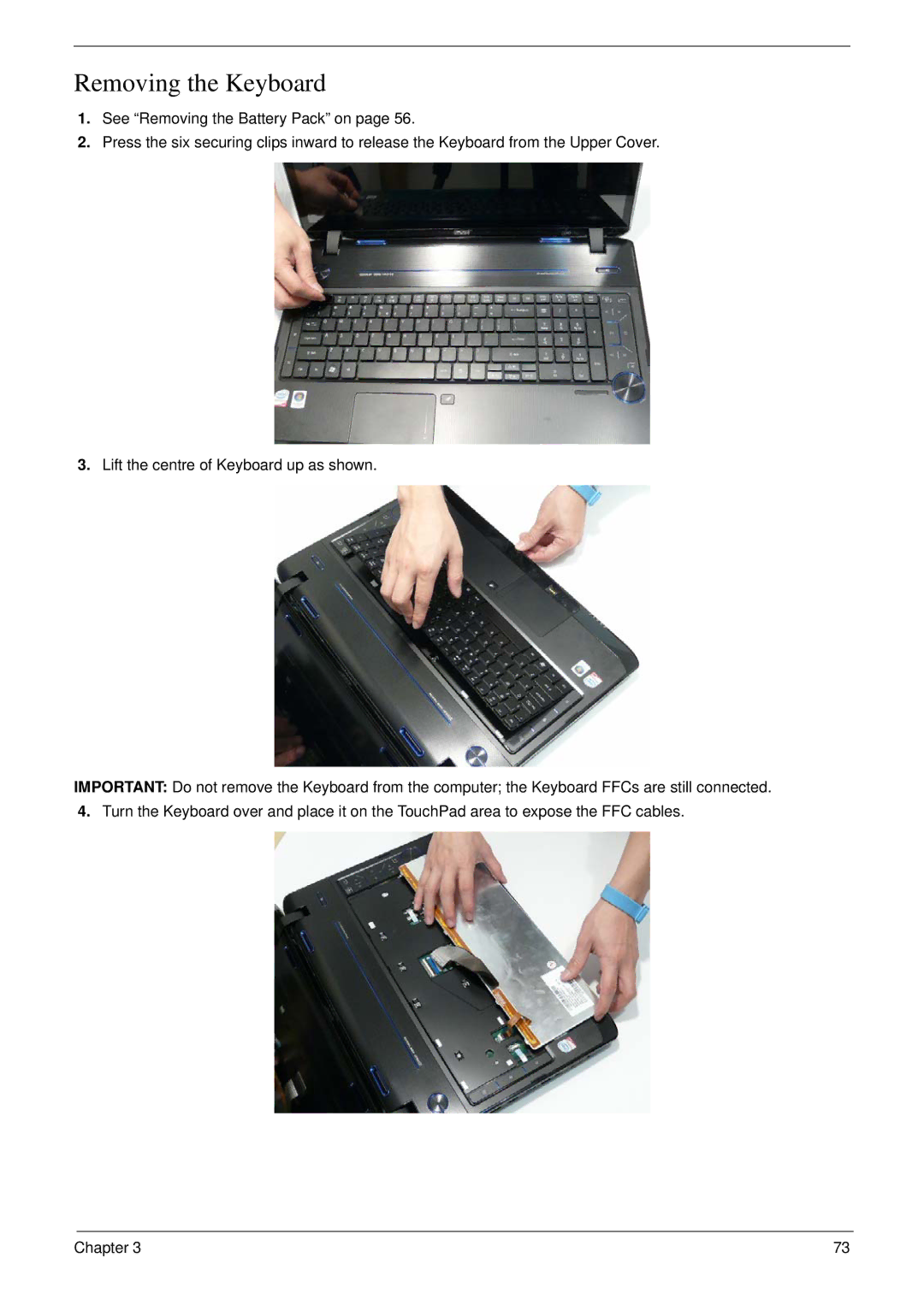 Acer 8935G manual Removing the Keyboard 