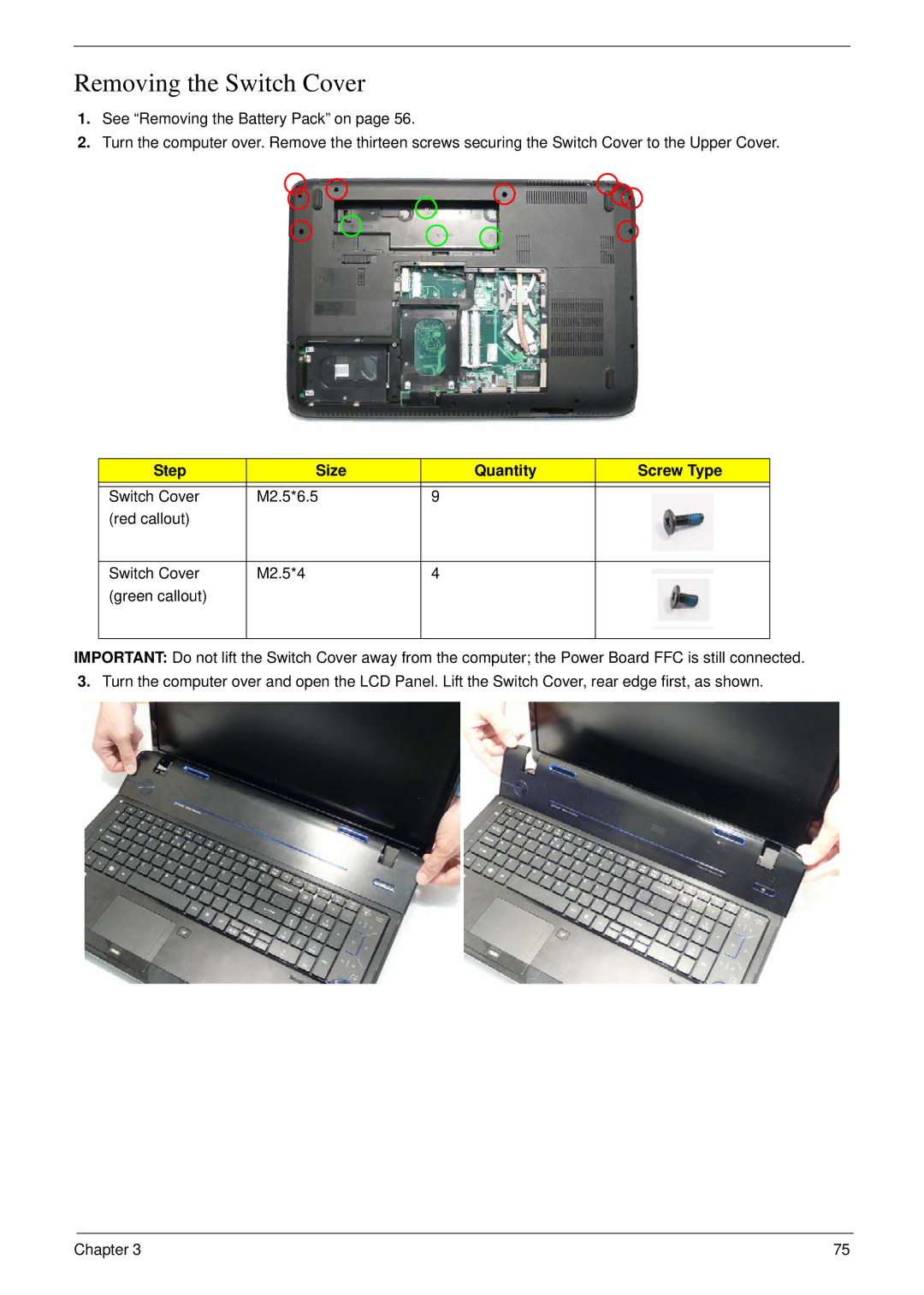 Acer 8935G manual Removing the Switch Cover, Step Size Quantity Screw Type 