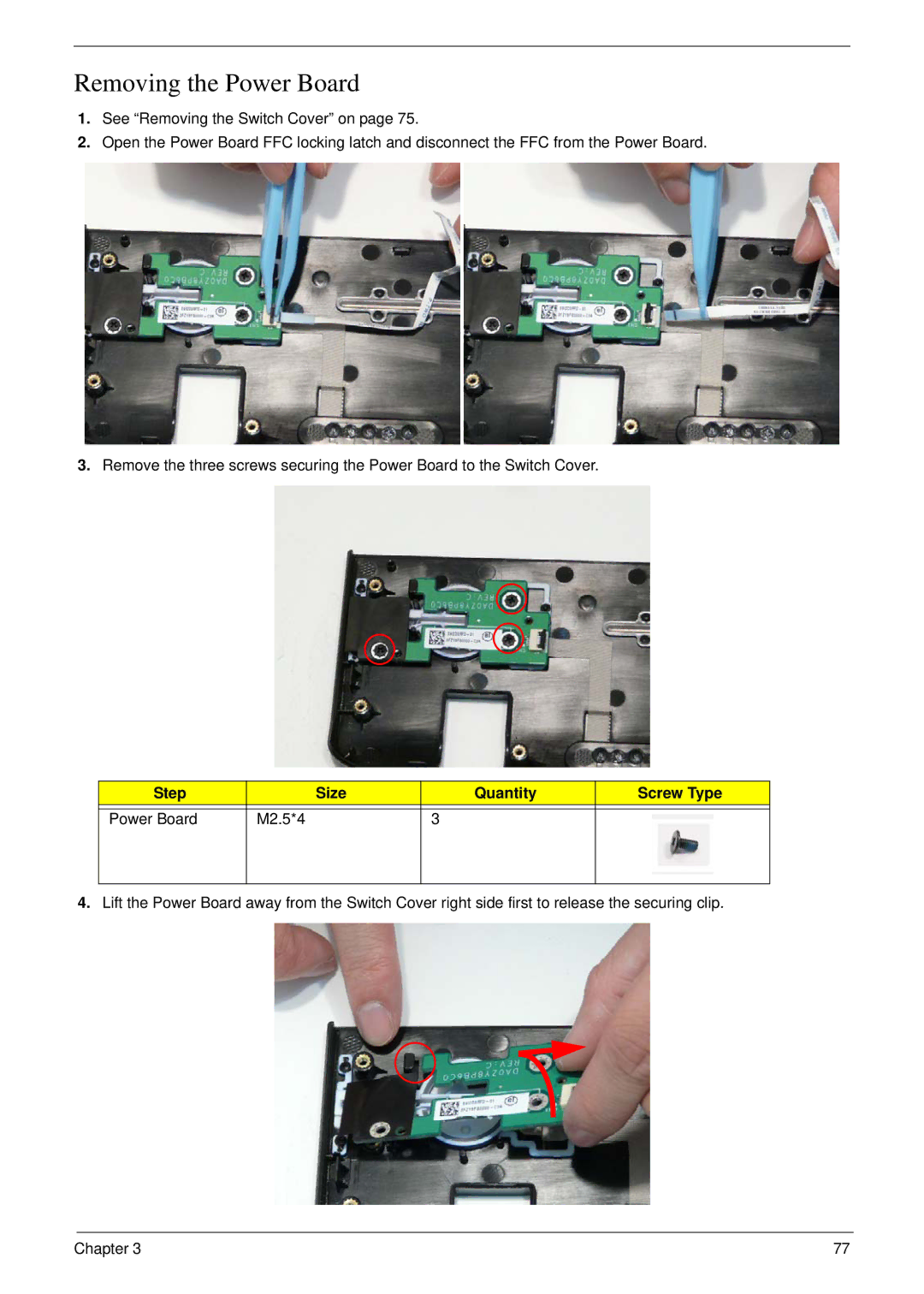 Acer 8935G manual Removing the Power Board, Step Size Quantity Screw Type Power Board M2.5*4 