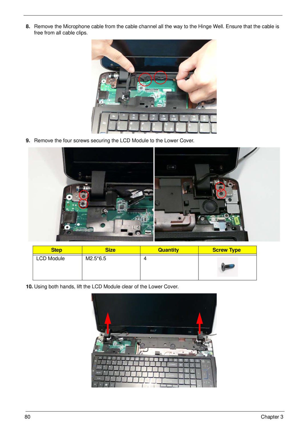 Acer 8935G manual Step Size Quantity Screw Type LCD Module M2.5*6.5 