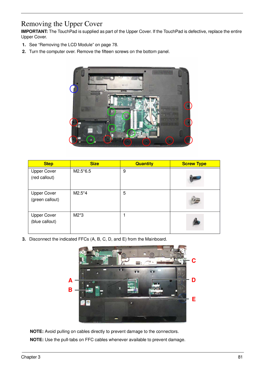 Acer 8935G manual Removing the Upper Cover, Step Size Quantity Screw Type 