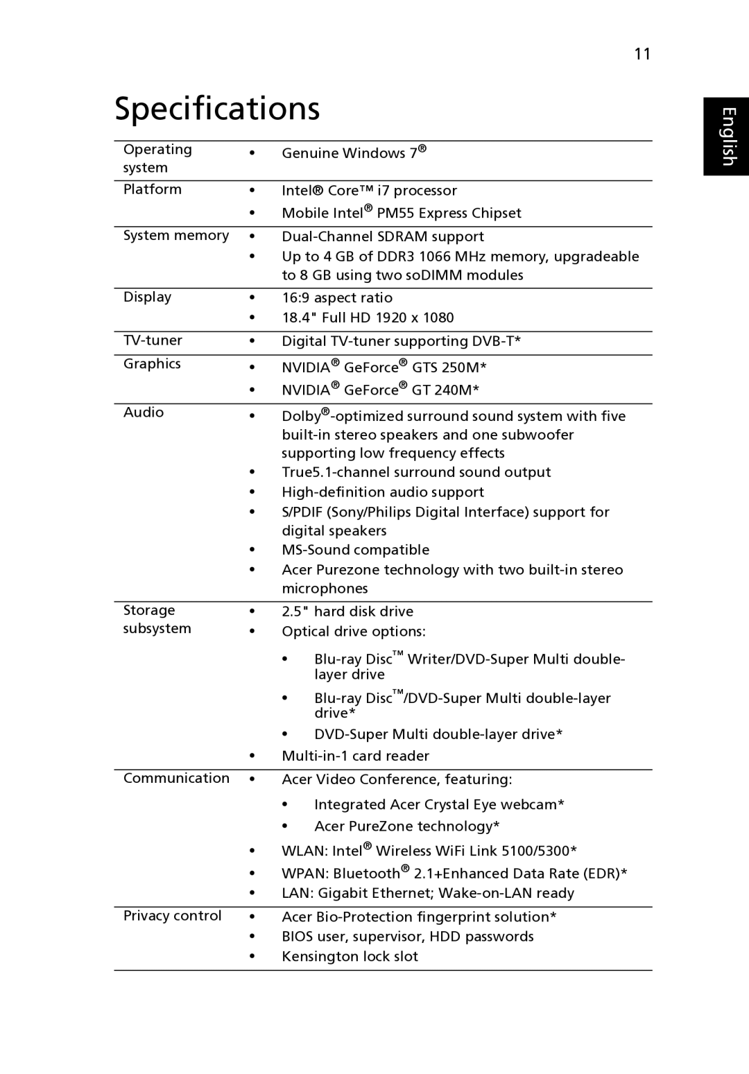 Acer 8940 manual Specifications 