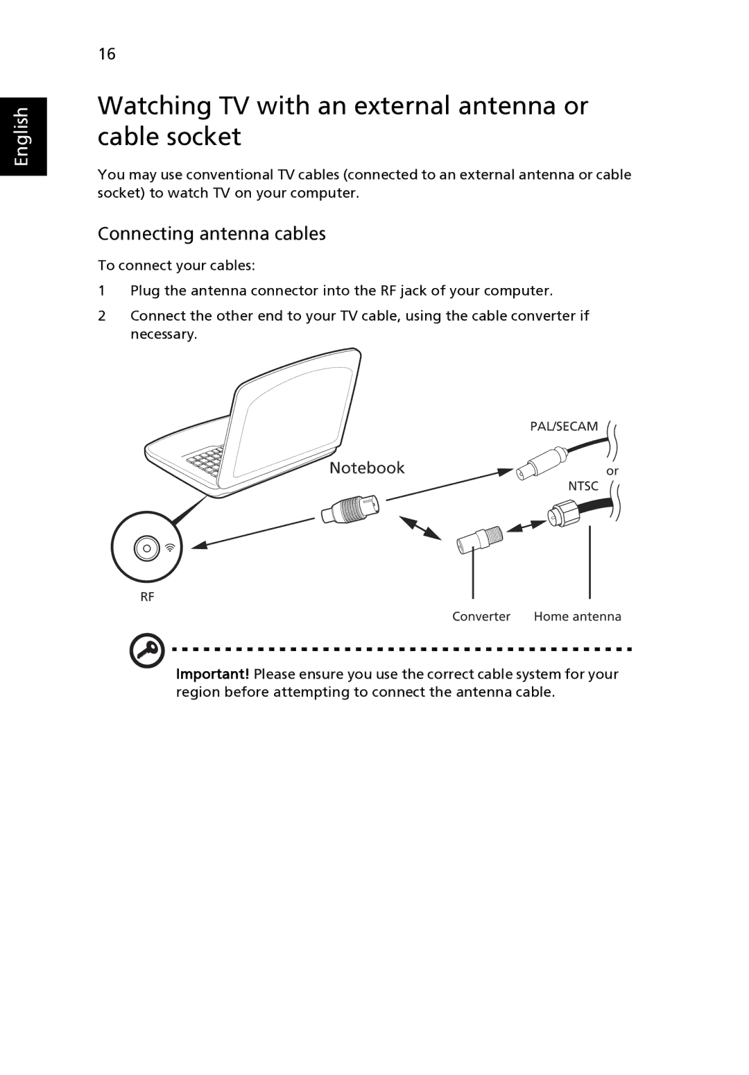 Acer 8940 manual Watching TV with an external antenna or cable socket, Connecting antenna cables 