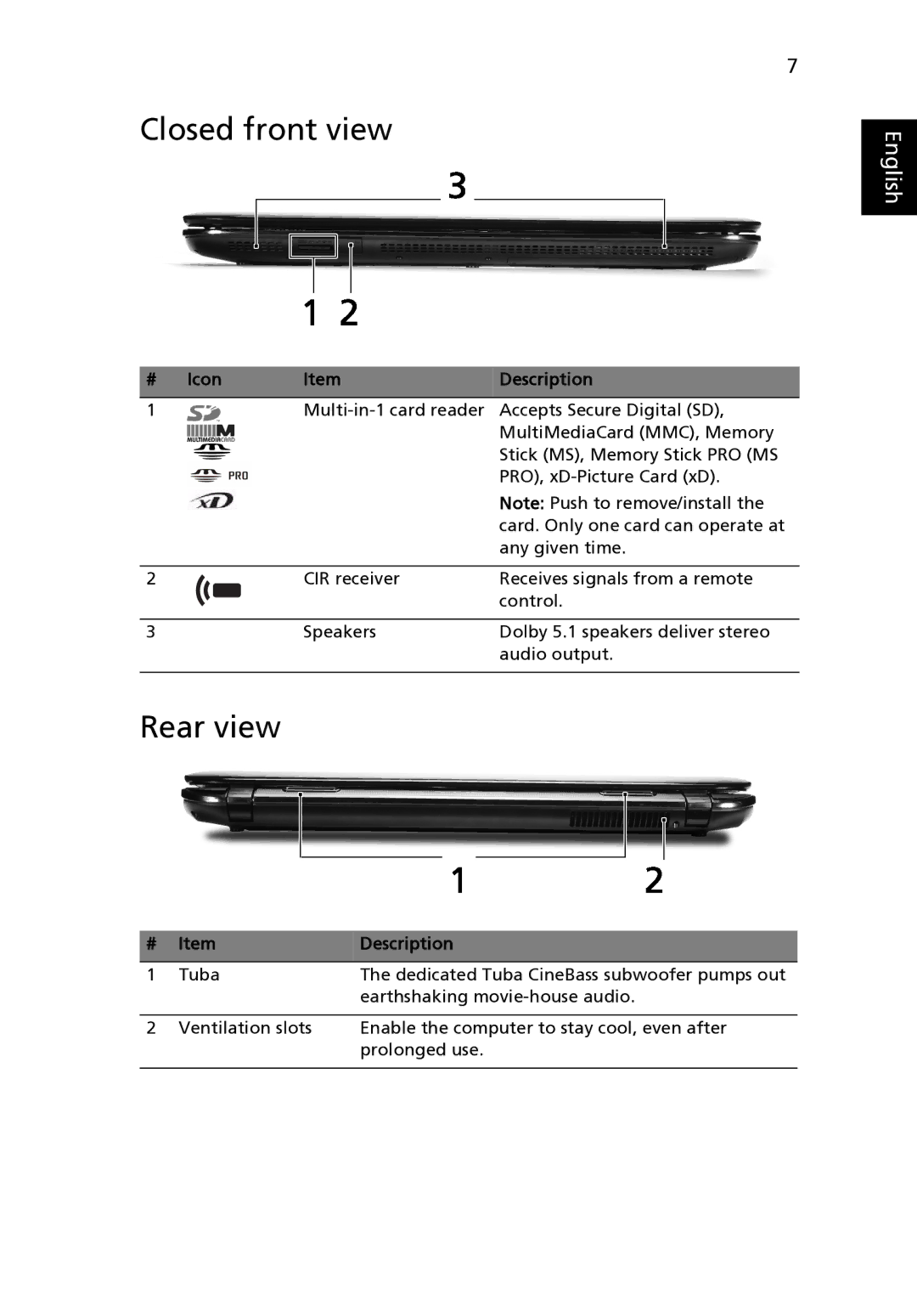 Acer 8940 manual Closed front view, Rear view 