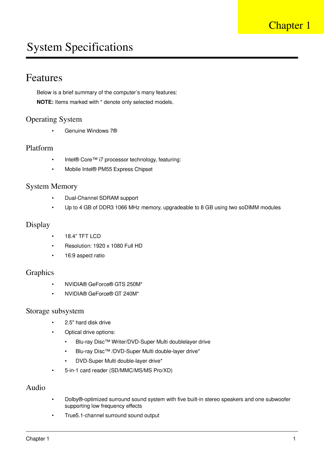 Acer 8940 manual Chapter, Features 