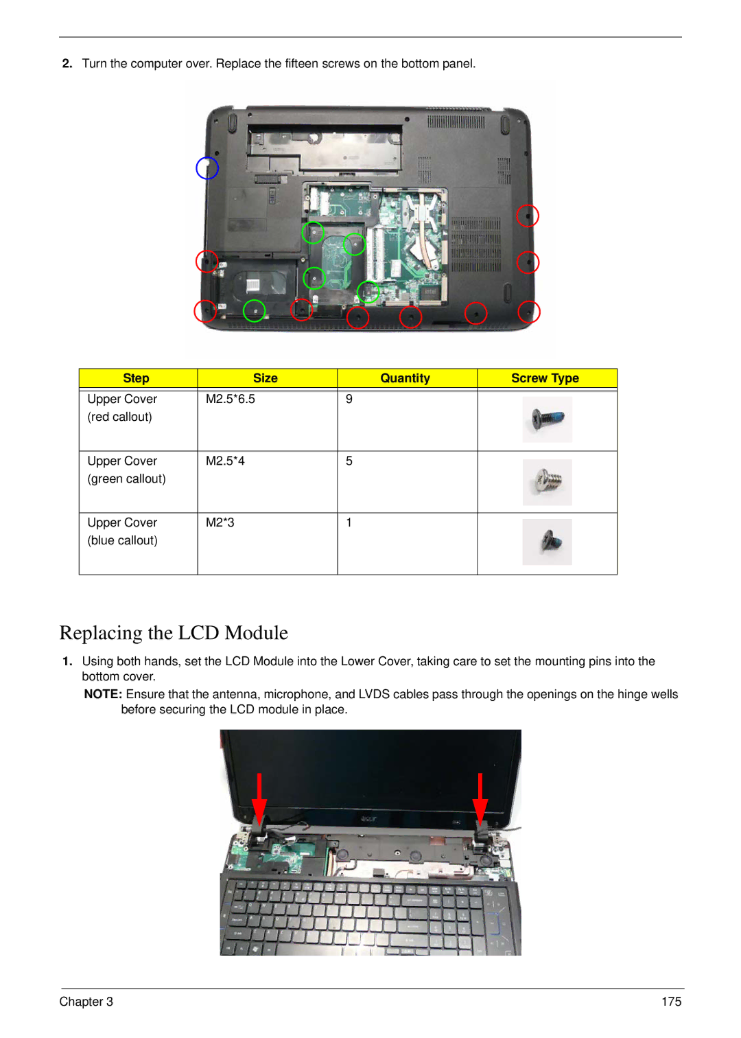 Acer 8940 manual Replacing the LCD Module, Step Size Quantity Screw Type 