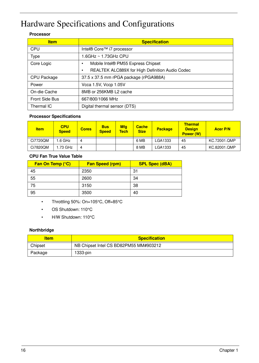 Acer 8940 manual Hardware Specifications and Configurations, Cpu, Processor Specifications, Northbridge Specification 