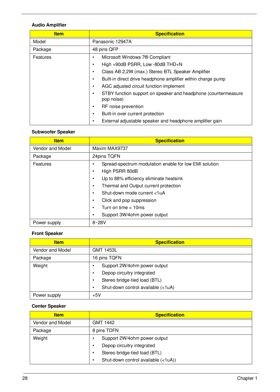 Acer 8940 manual Audio Amplifier Specification, Subwoofer Speaker Specification, Front Speaker Specification 