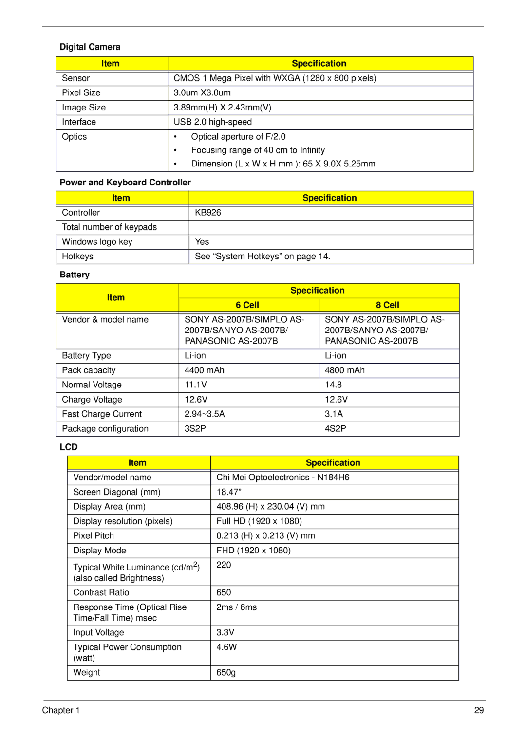 Acer 8940 manual Digital Camera Specification, Power and Keyboard Controller Specification, Battery Specification Cell 