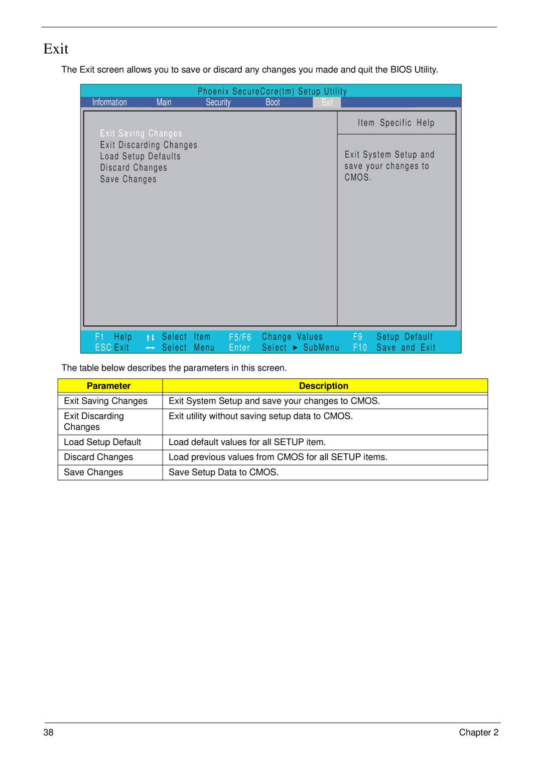 Acer 8940 manual Information Main Security Boot Exit Exit Saving Changes 