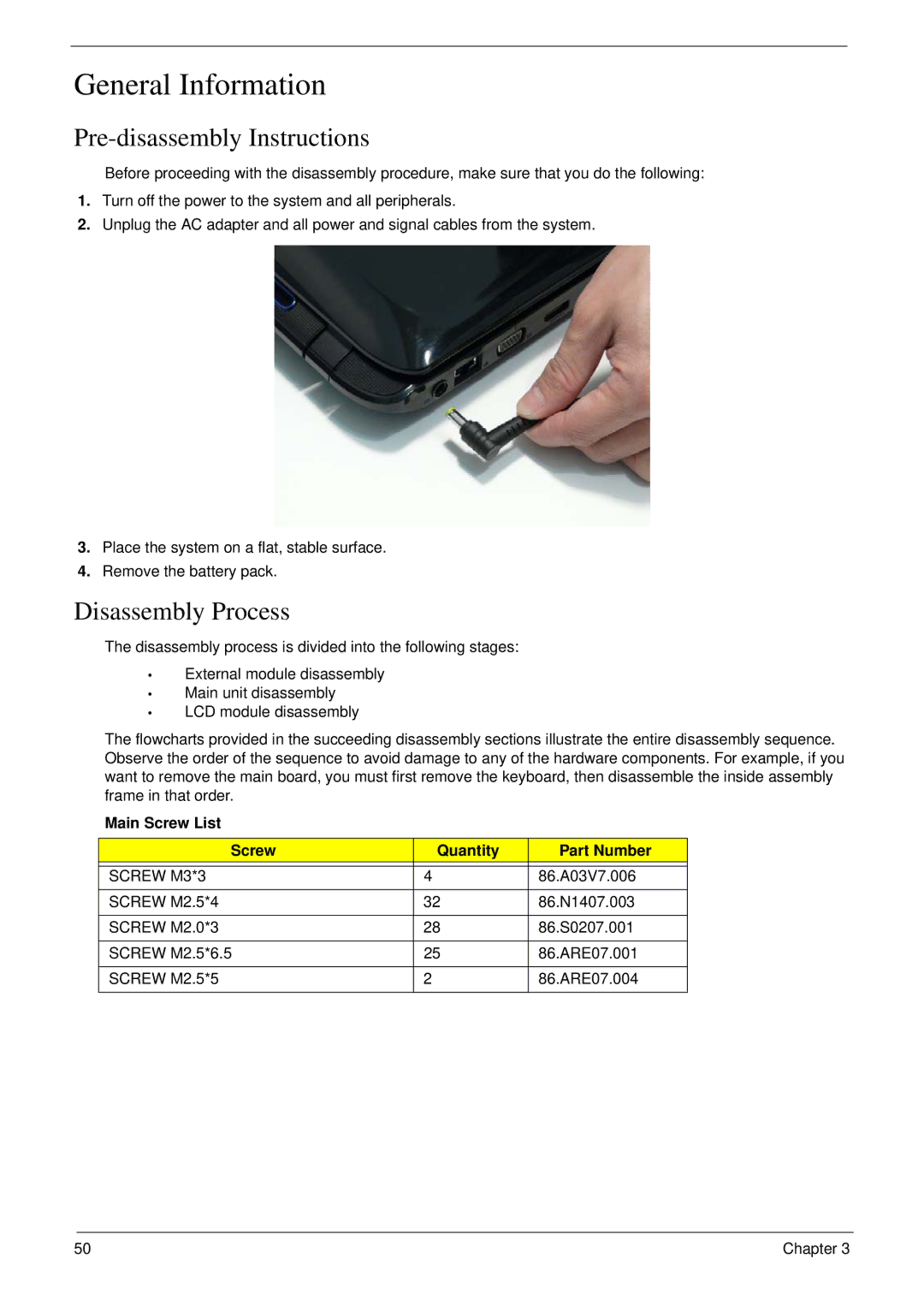 Acer 8940 General Information, Pre-disassembly Instructions, Disassembly Process, Main Screw List Quantity Part Number 