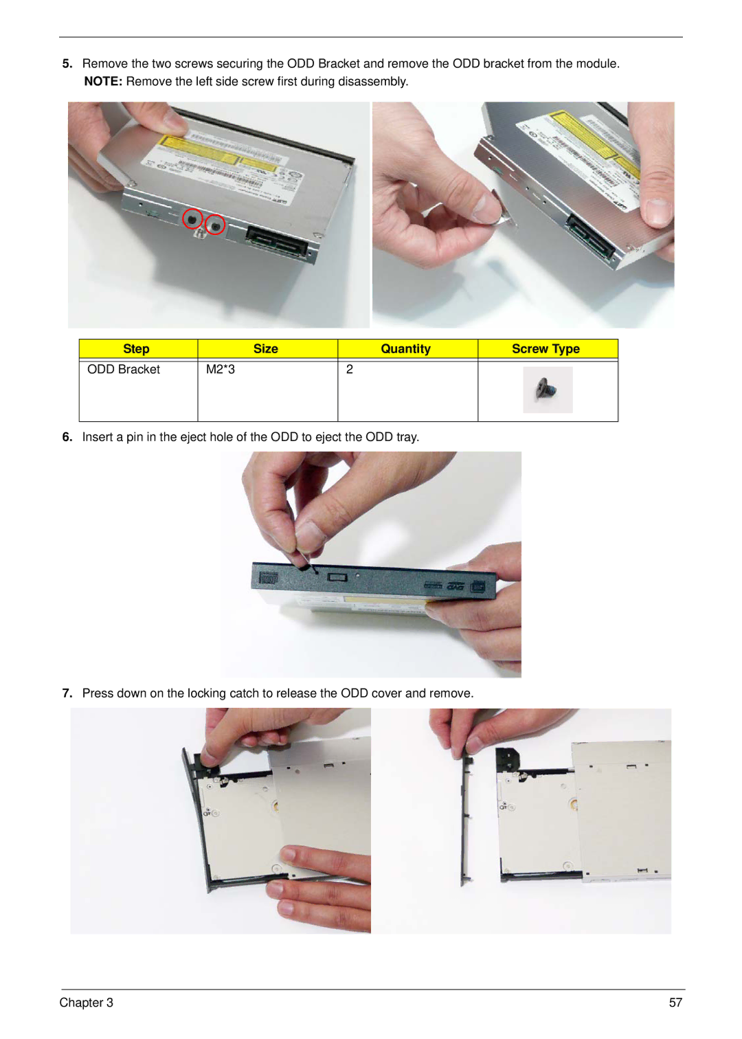 Acer 8940 manual Step Size Quantity Screw Type ODD Bracket M2*3 