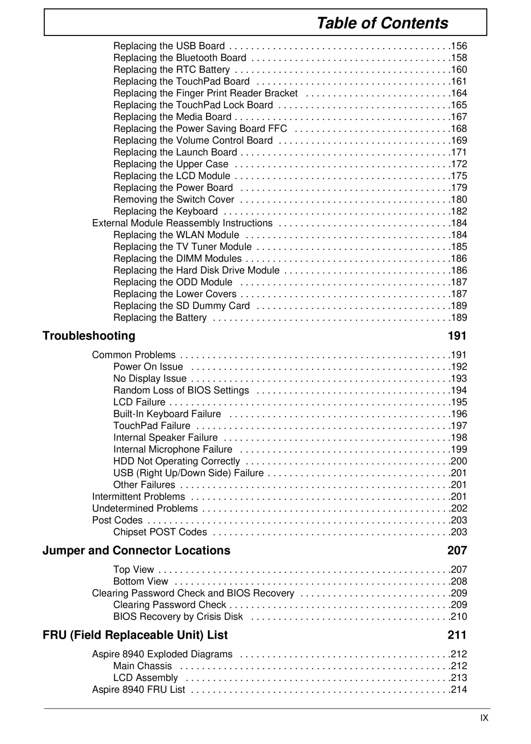 Acer 8940 manual FRU Field Replaceable Unit List 211 