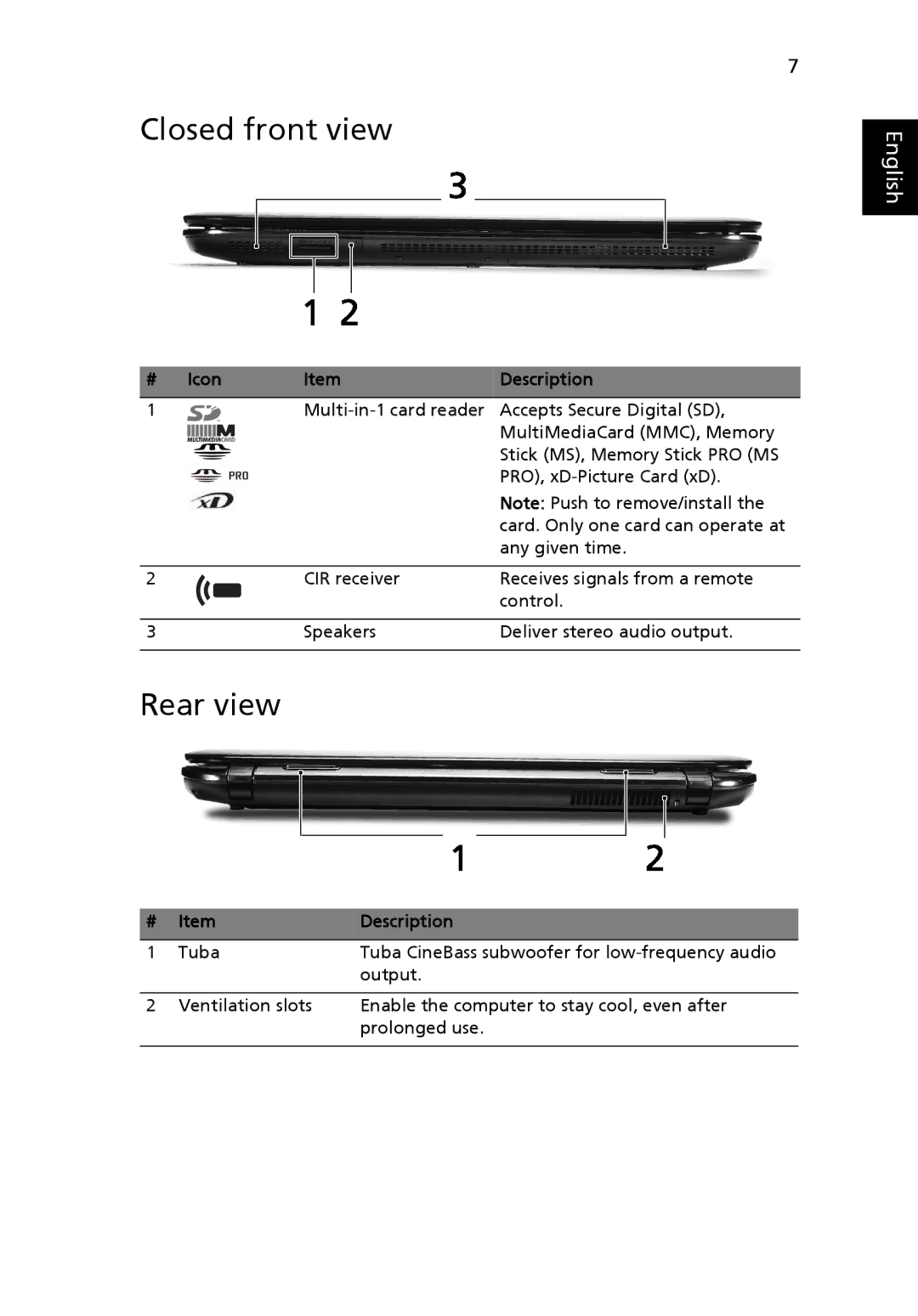 Acer 8942 Series, 8942G manual Closed front view, Rear view 