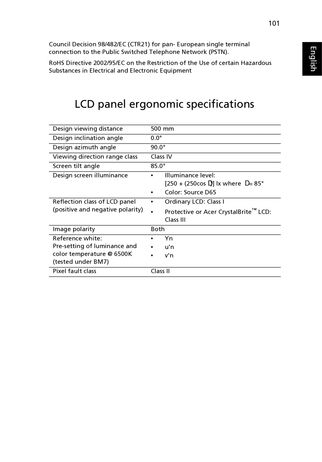 Acer 9120 manual LCD panel ergonomic specifications, 101 