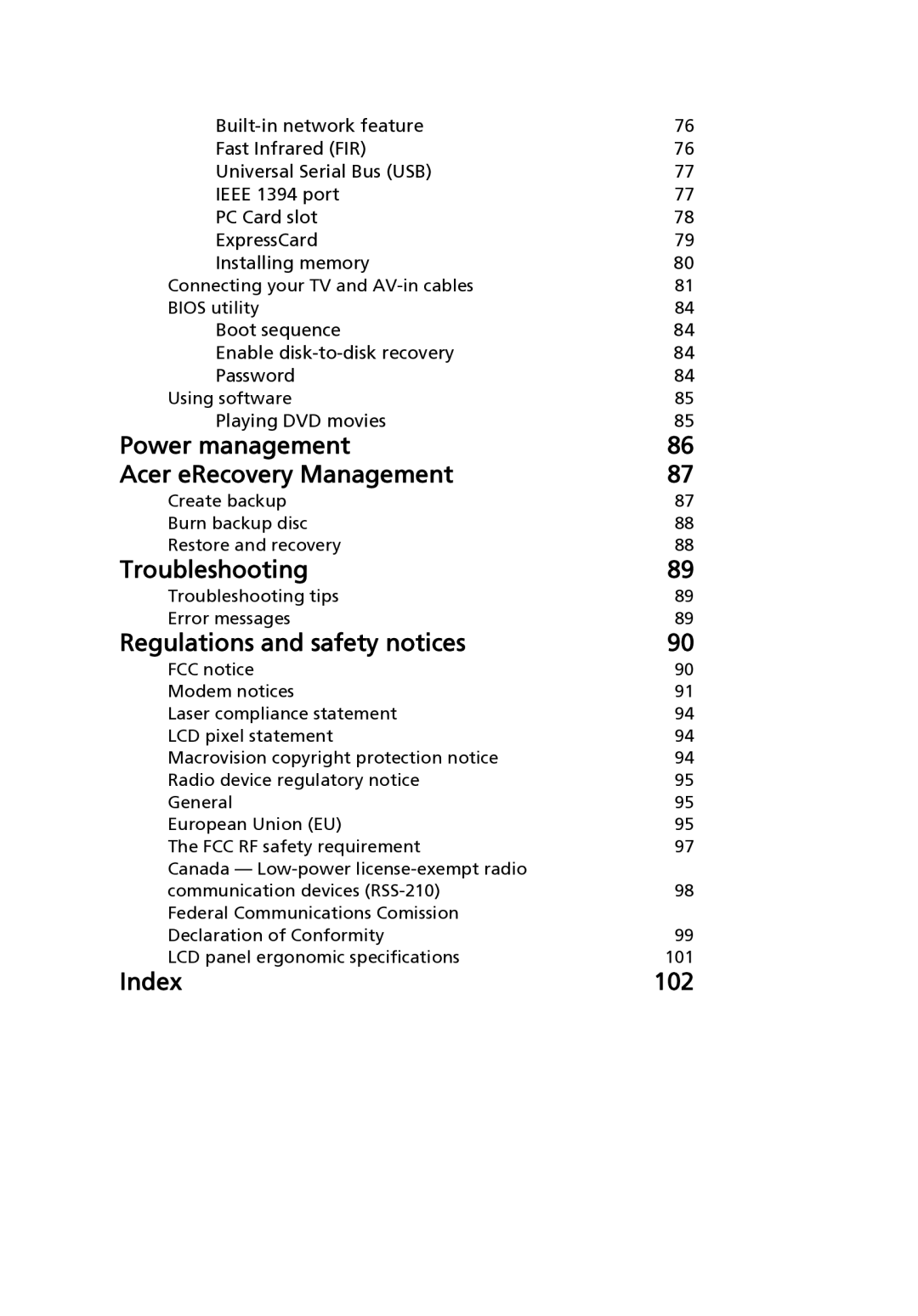 Acer 9120 manual Power management Acer eRecovery Management 