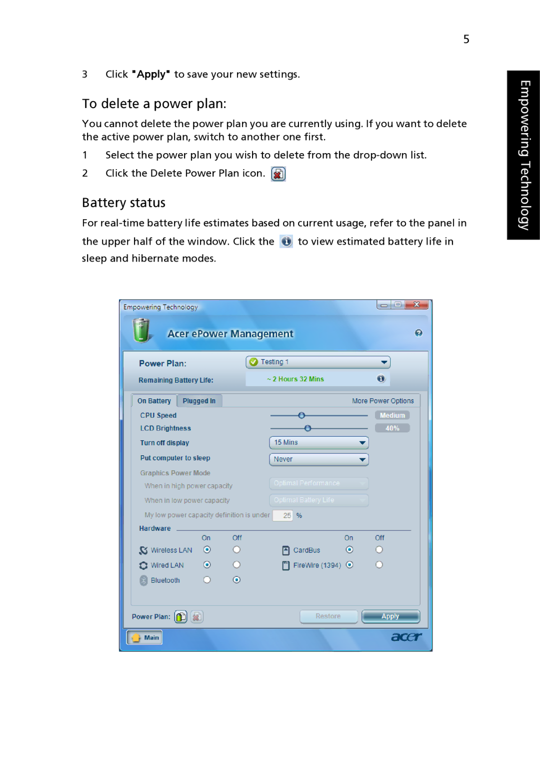 Acer 9120 manual To delete a power plan, Battery status 