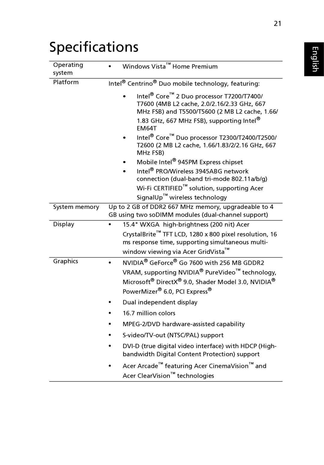 Acer 9120 manual Specifications, EM64T 