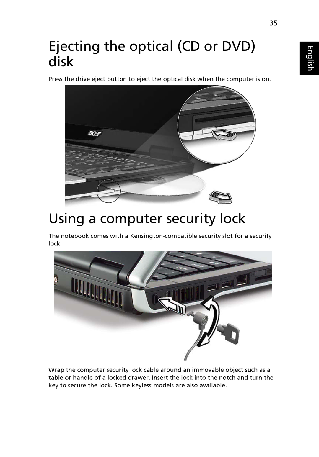 Acer 9120 manual Ejecting the optical CD or DVD disk, Using a computer security lock 