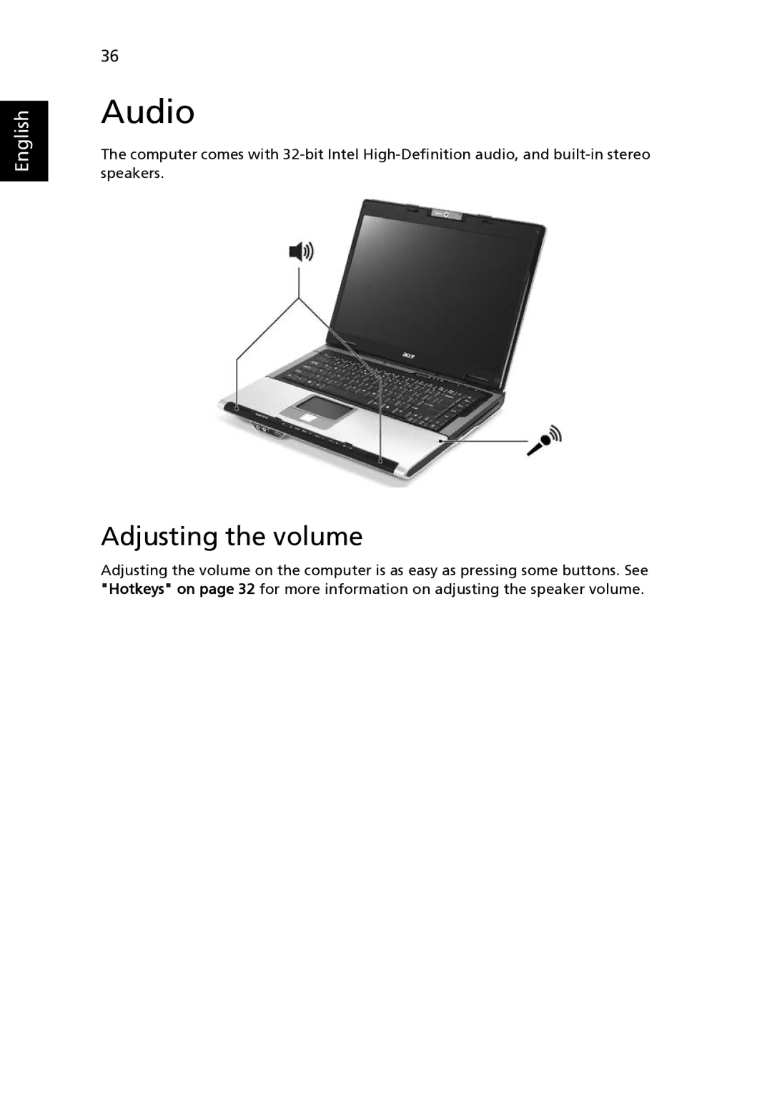 Acer 9120 manual Audio, Adjusting the volume 