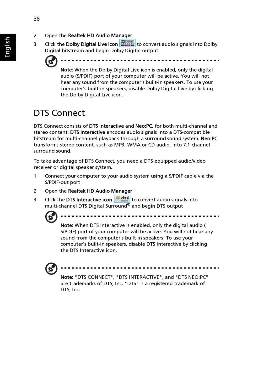 Acer 9120 manual DTS Connect, Open the Realtek HD Audio Manager 