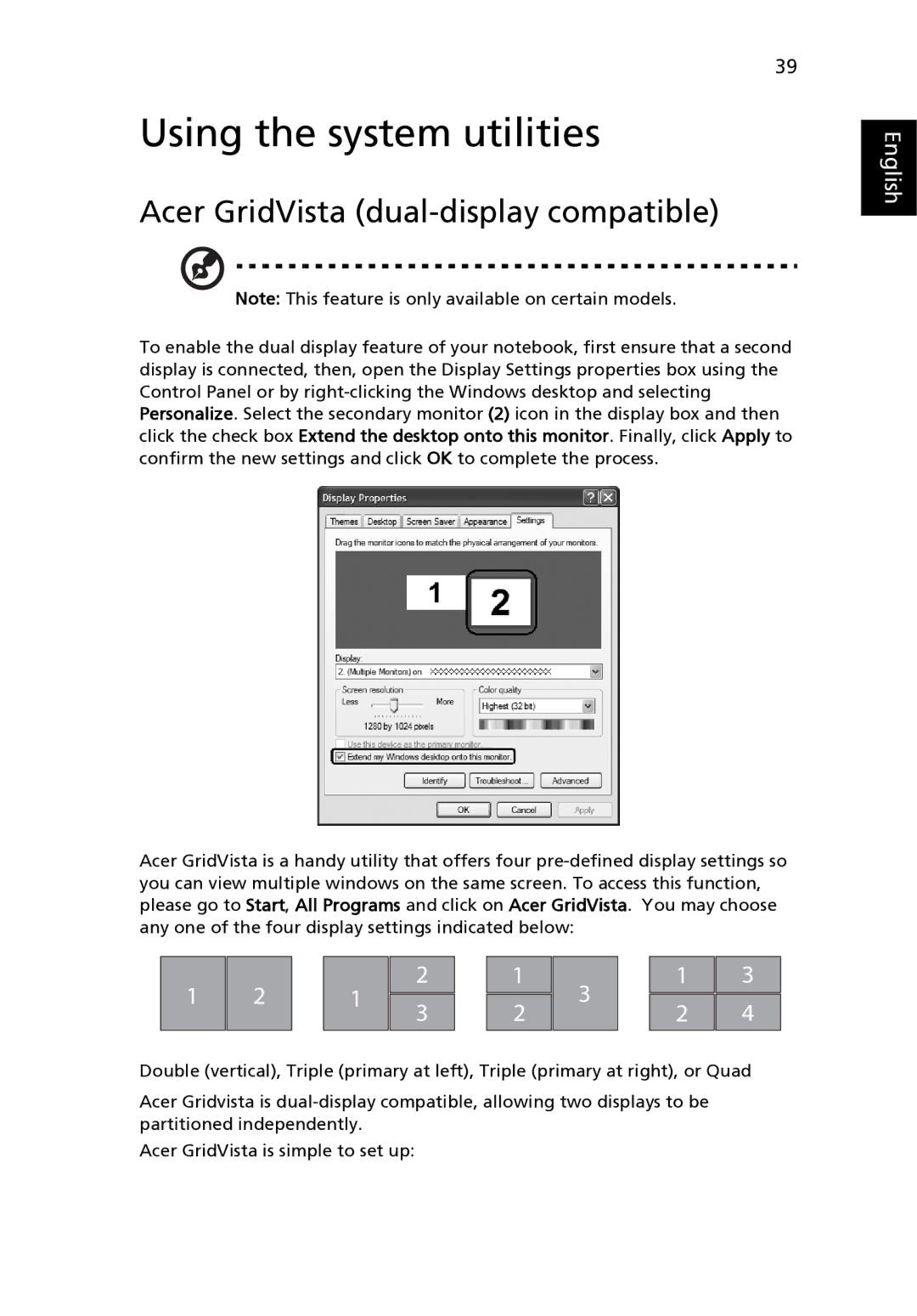 Acer 9120 manual Using the system utilities, Acer GridVista dual-display compatible 