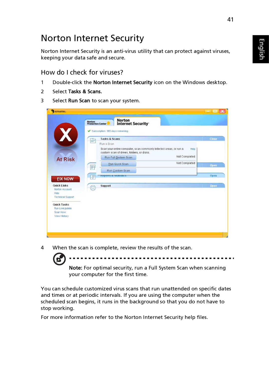 Acer 9120 manual Norton Internet Security, How do I check for viruses?, Select Tasks & Scans 