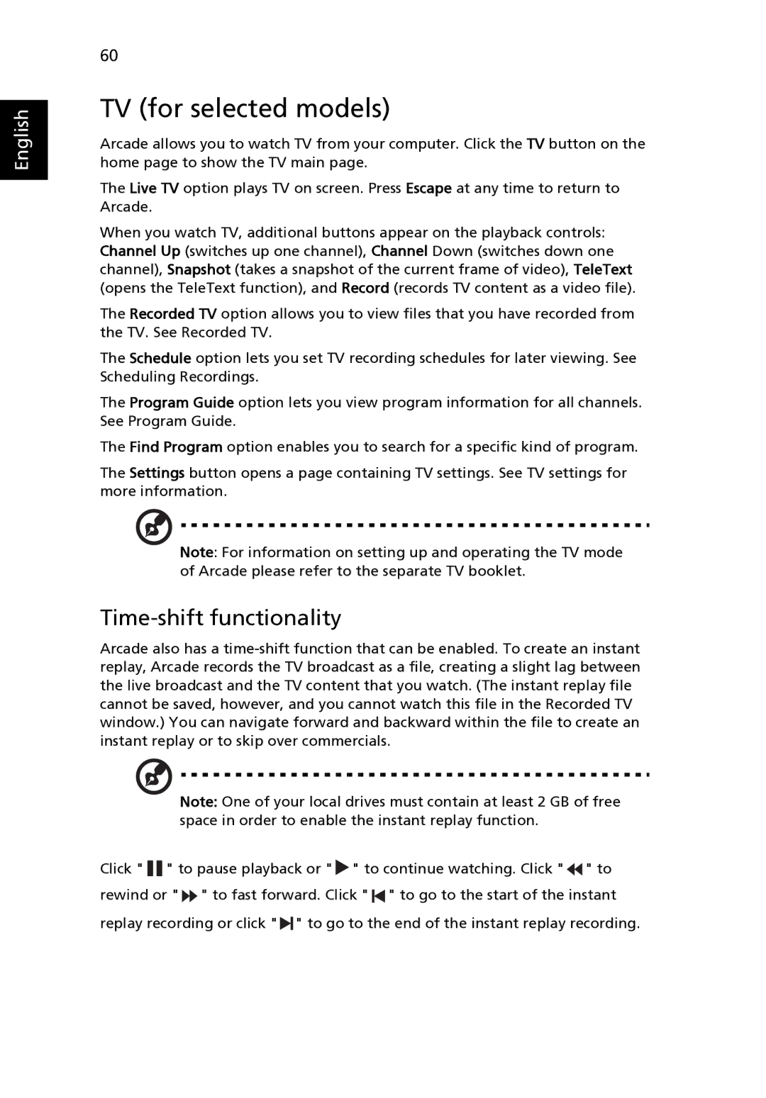 Acer 9120 manual TV for selected models, Time-shift functionality 