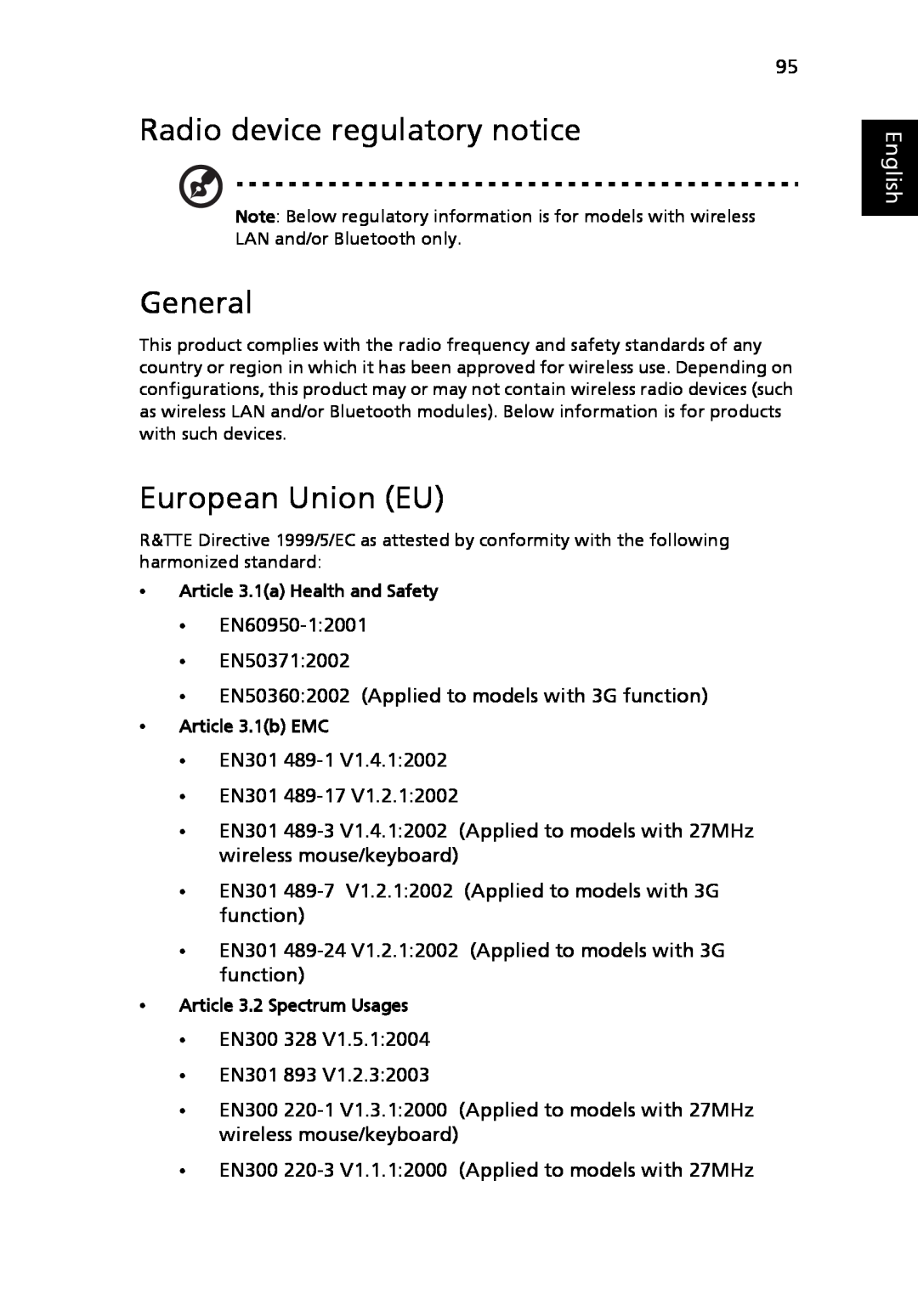 Acer 9120 manual Radio device regulatory notice, General, European Union EU, English 