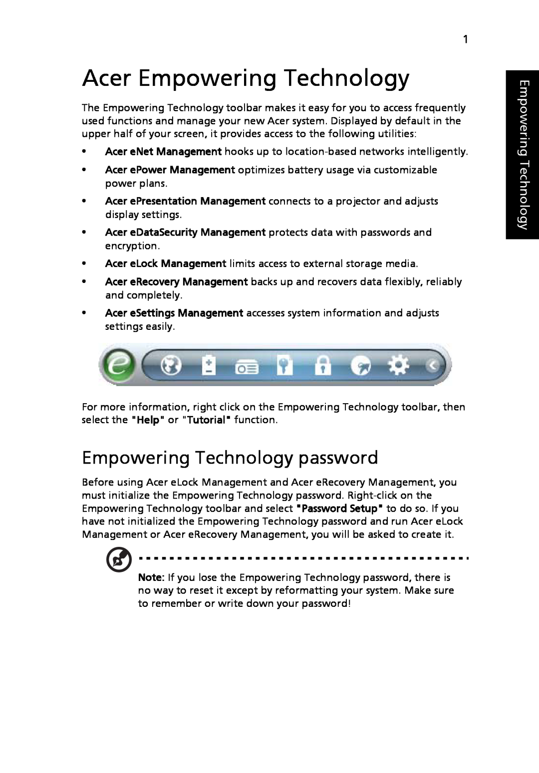 Acer 9120 manual Acer Empowering Technology, Empowering Technology password 