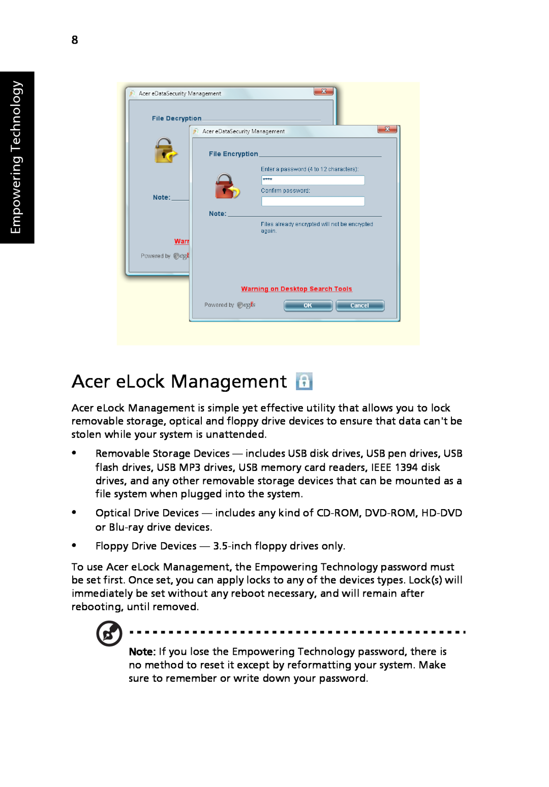 Acer 9120 manual Acer eLock Management, Empowering Technology 