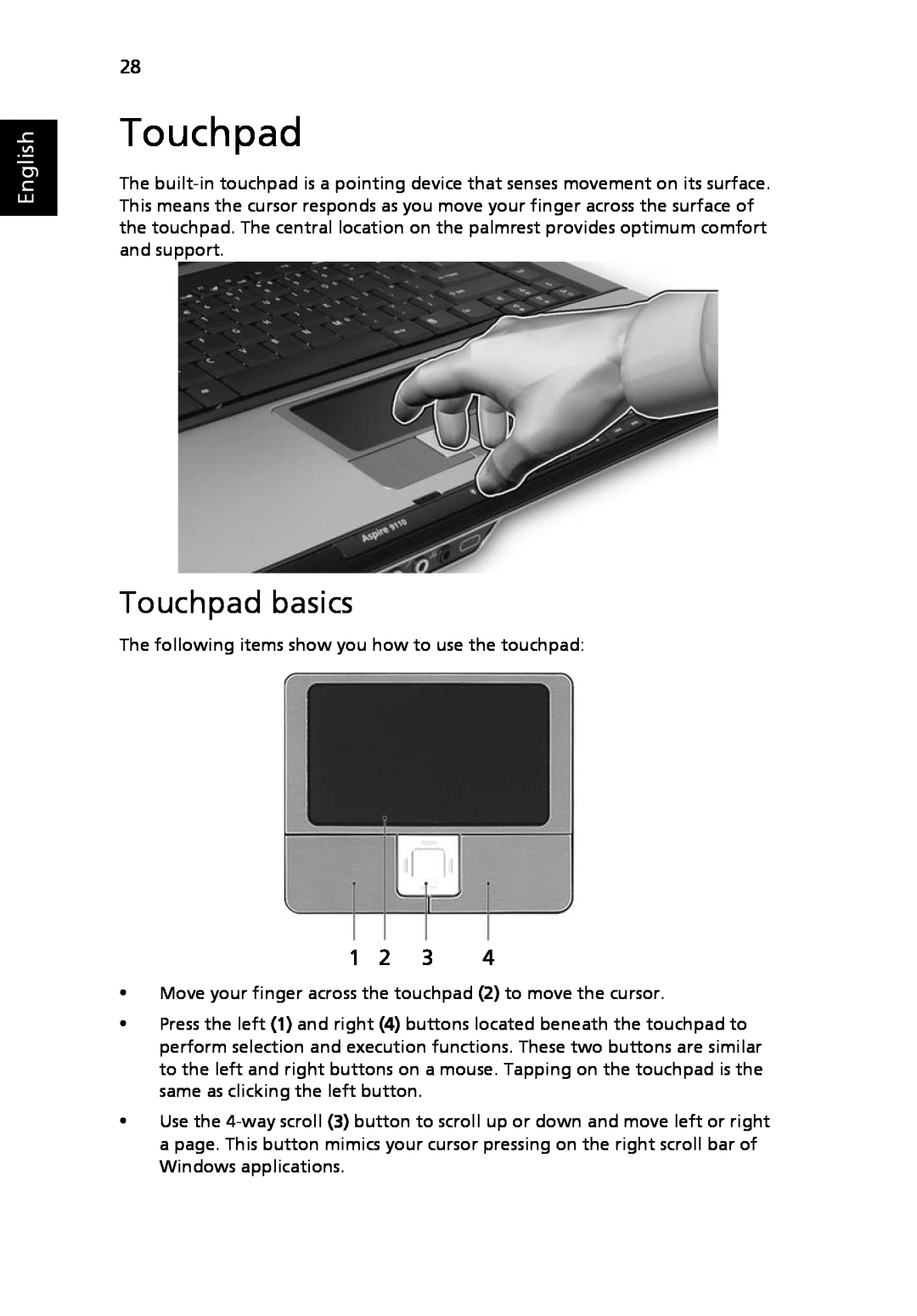 Acer 9120 manual Touchpad basics, English 