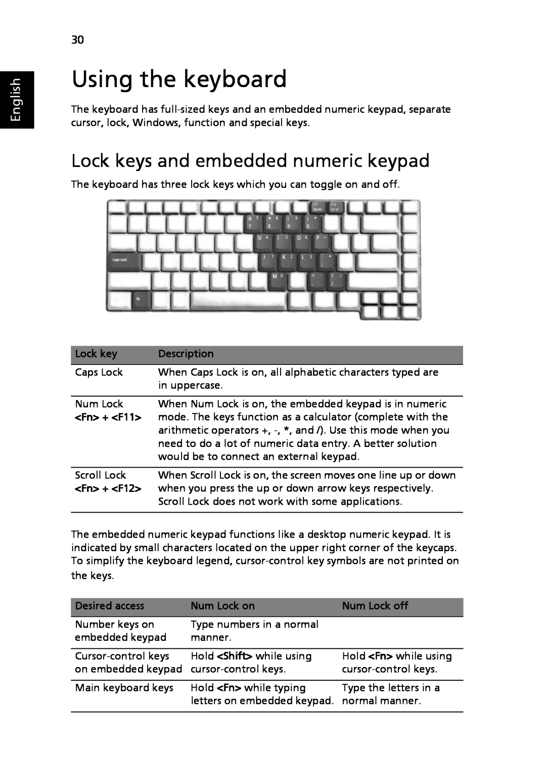 Acer 9120 manual Using the keyboard, Lock keys and embedded numeric keypad, English 