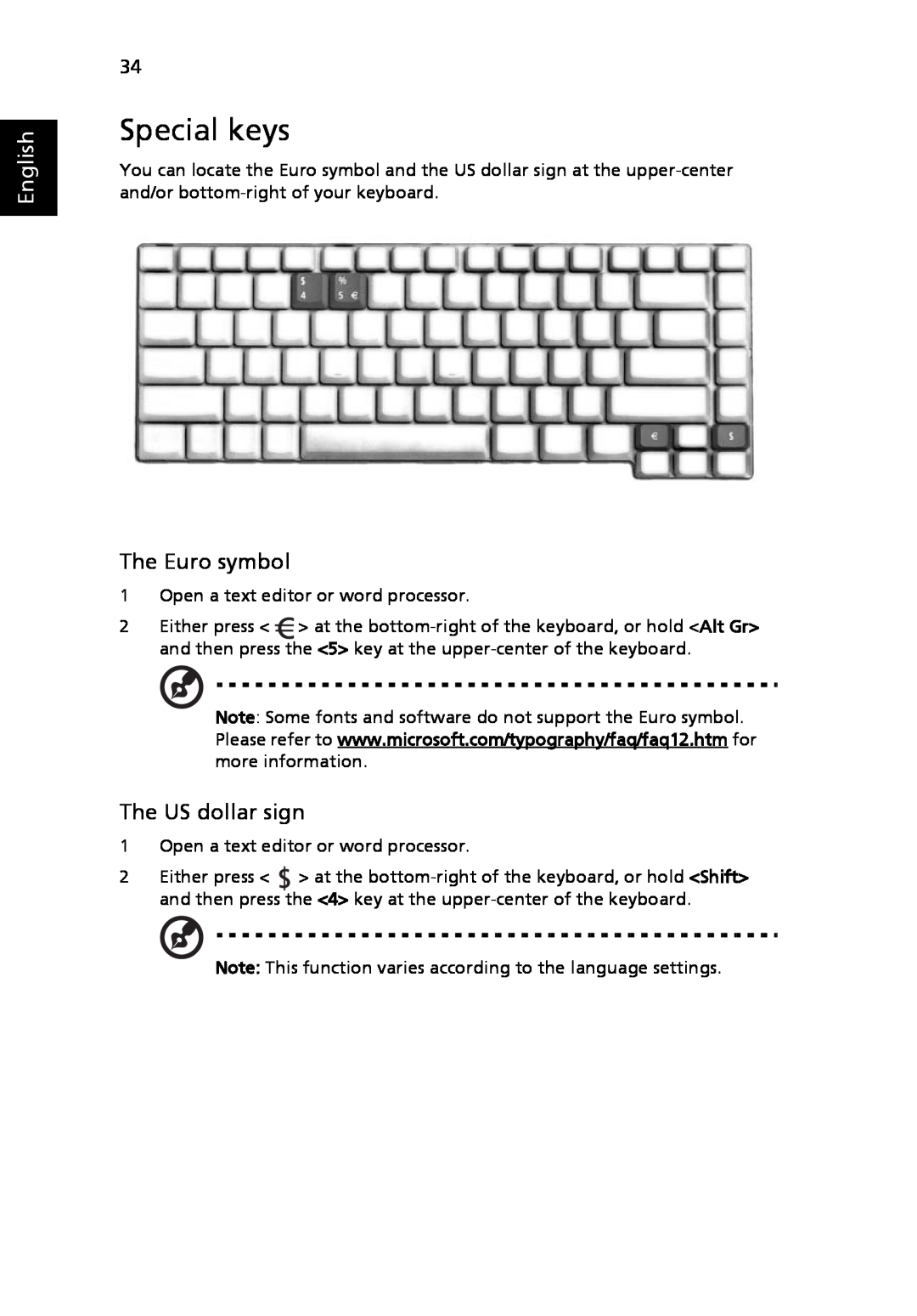 Acer 9120 manual Special keys, The Euro symbol, The US dollar sign, English 