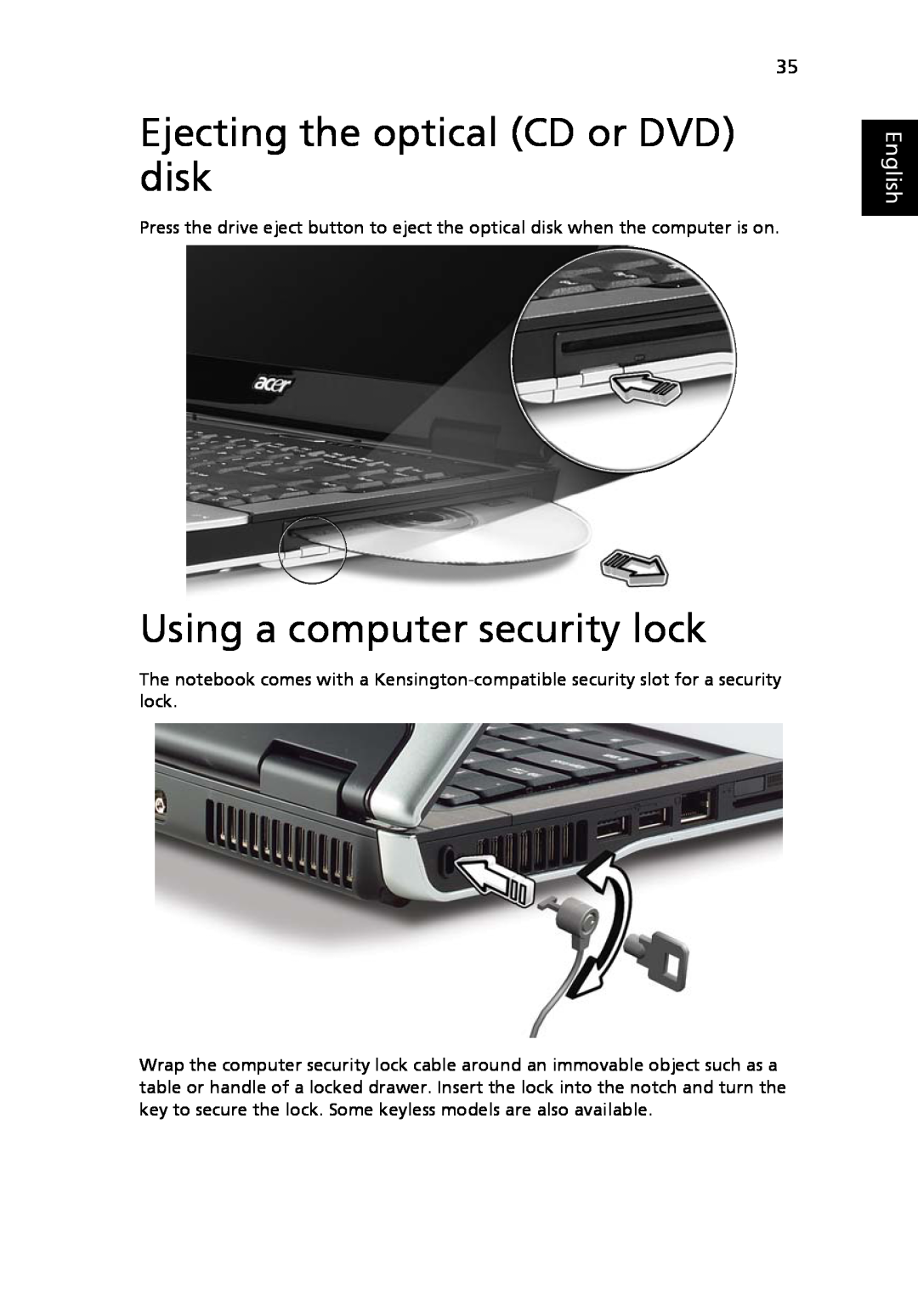 Acer 9120 manual Ejecting the optical CD or DVD disk, Using a computer security lock, English 